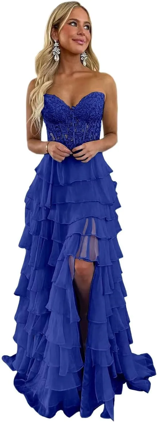 Tiered Chiffon Prom Dress for Teens Sweetheart Prom Dresses for Women Strapless Formal Evening Gowns with Slit