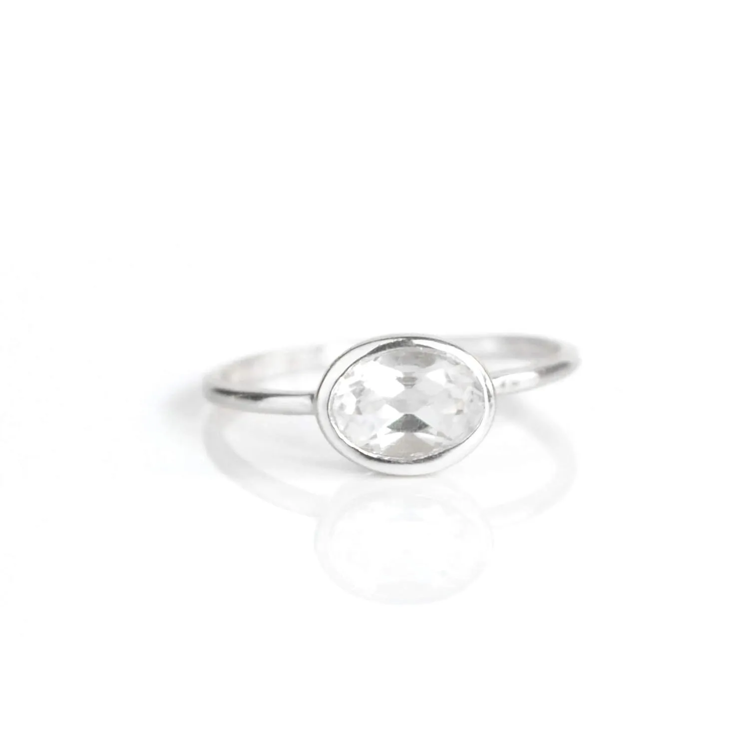 Tiny Oval Gemstone Stacking Ring, Minimalist Thin Ring Band, Mother's Birthstone Stacking Ring Set, Mom's Dainty Oval Rings, Stackable Birthstone Ring in Sterling Silver or Vermeil Gold (Clear Quartz)
