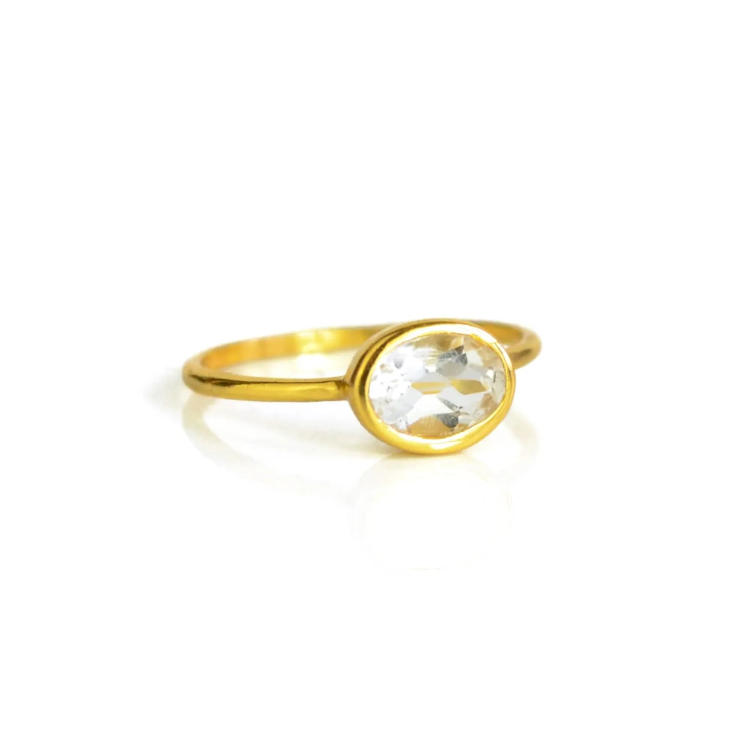 Tiny Oval Gemstone Stacking Ring, Minimalist Thin Ring Band, Mother's Birthstone Stacking Ring Set, Mom's Dainty Oval Rings, Stackable Birthstone Ring in Sterling Silver or Vermeil Gold (Clear Quartz)