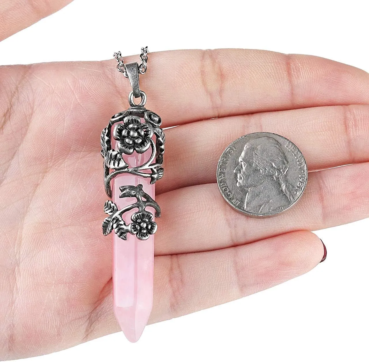 Top Plaza Antique Silver Flower Wrapped Natural Quartz Gemstone Healing Crystal Necklace 5pcs/Set