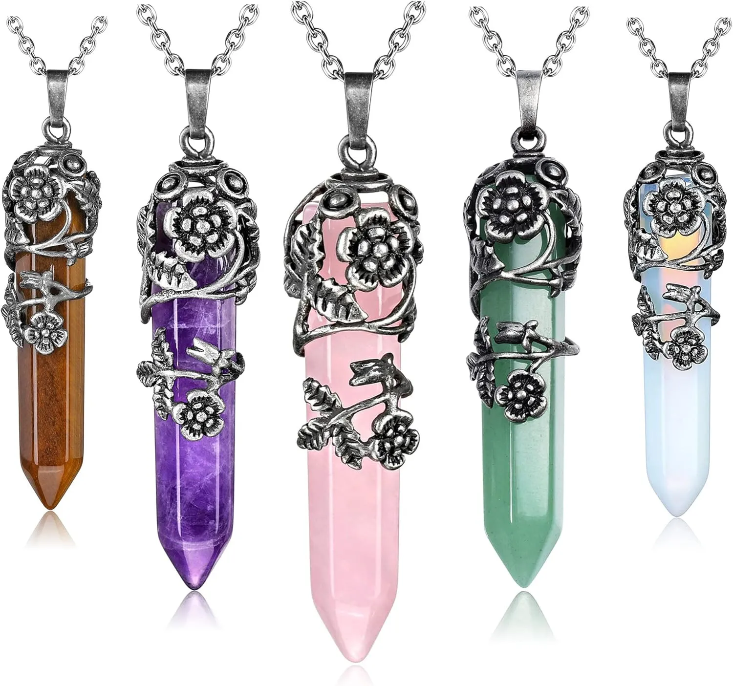 Top Plaza Antique Silver Flower Wrapped Natural Quartz Gemstone Healing Crystal Necklace 5pcs/Set