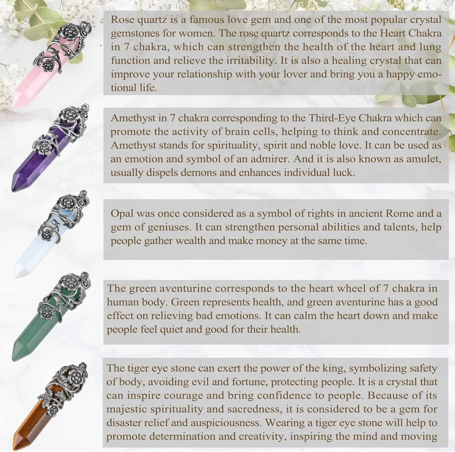 Top Plaza Antique Silver Flower Wrapped Natural Quartz Gemstone Healing Crystal Necklace 5pcs/Set