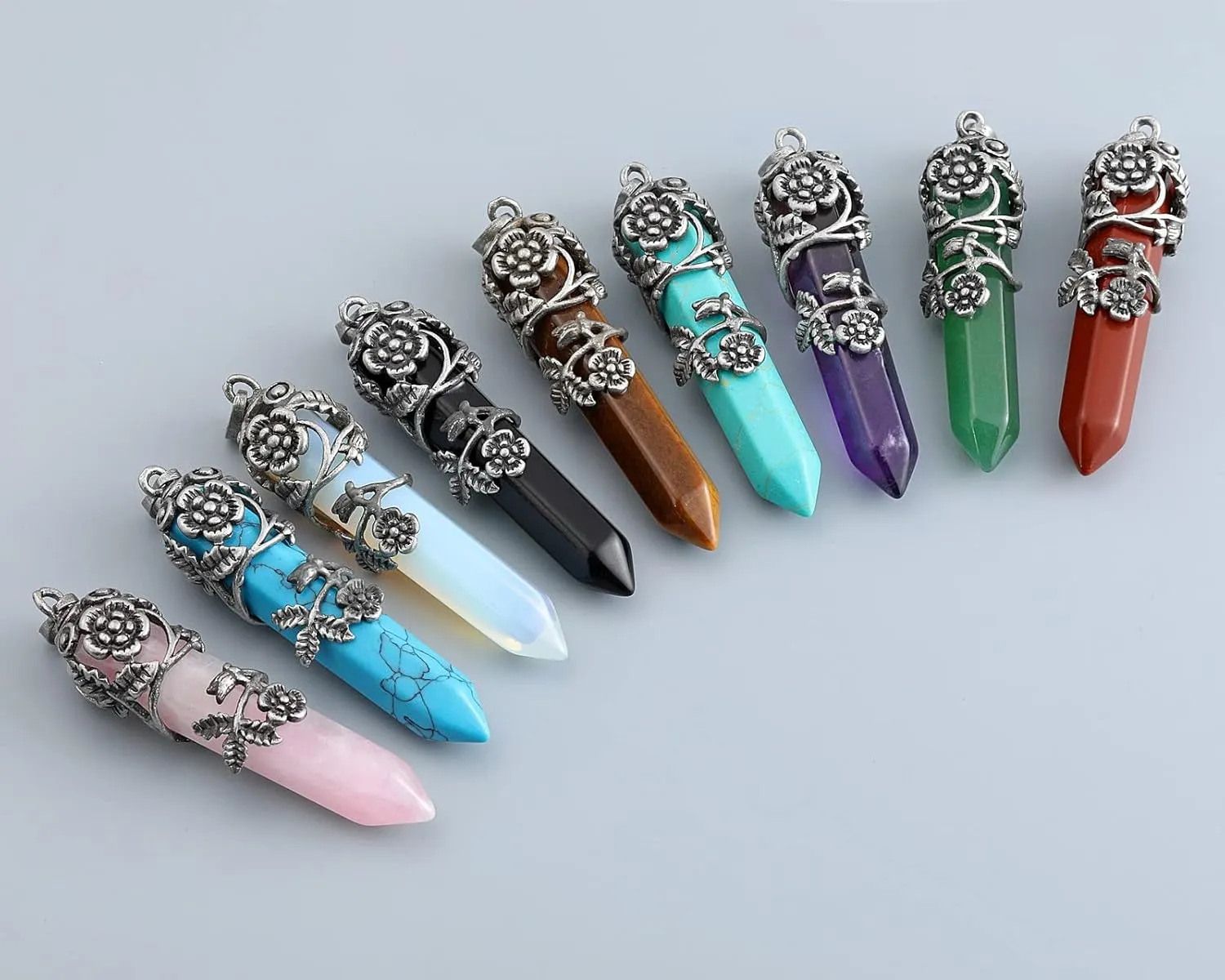 Top Plaza Antique Silver Flower Wrapped Natural Quartz Gemstone Healing Crystal Necklace 5pcs/Set
