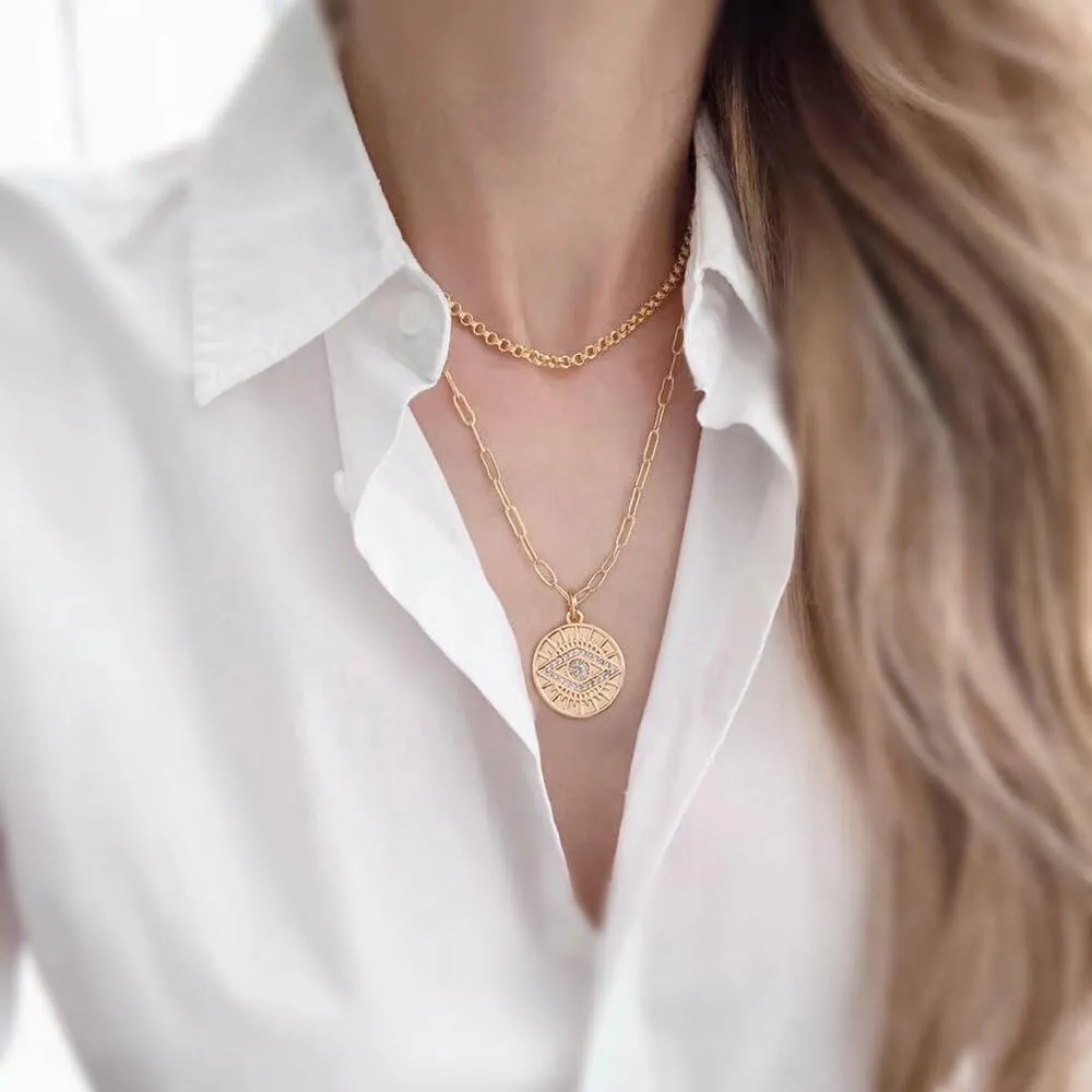 Turandoss Gold Necklaces for Women - 14K Gold Plated Lock Evil Eye Medallion Vintage Coin Necklace Bee Sun Moon Shell Gold Chain Necklace Layered Paperclip Chain Necklaces for Women Jewelry Gifts