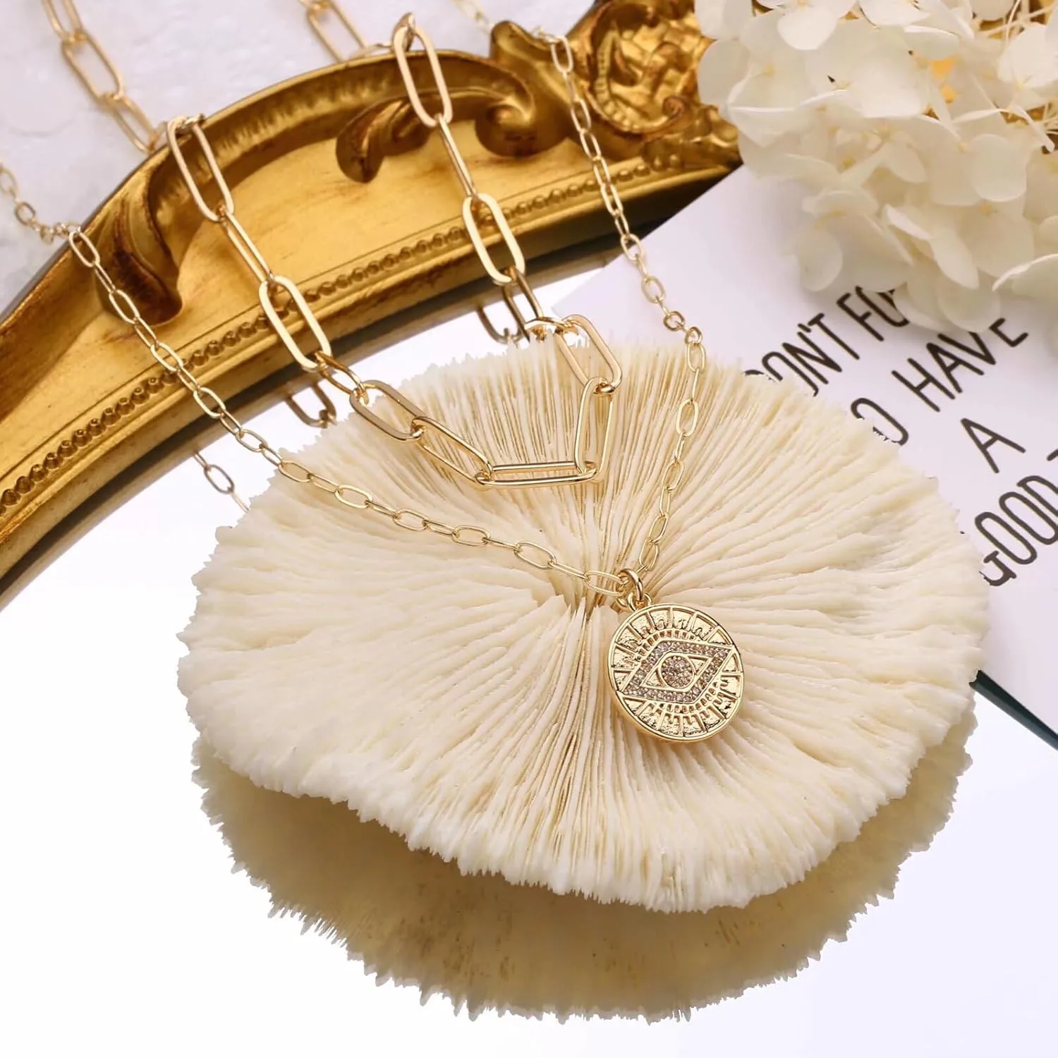 Turandoss Gold Necklaces for Women - 14K Gold Plated Lock Evil Eye Medallion Vintage Coin Necklace Bee Sun Moon Shell Gold Chain Necklace Layered Paperclip Chain Necklaces for Women Jewelry Gifts