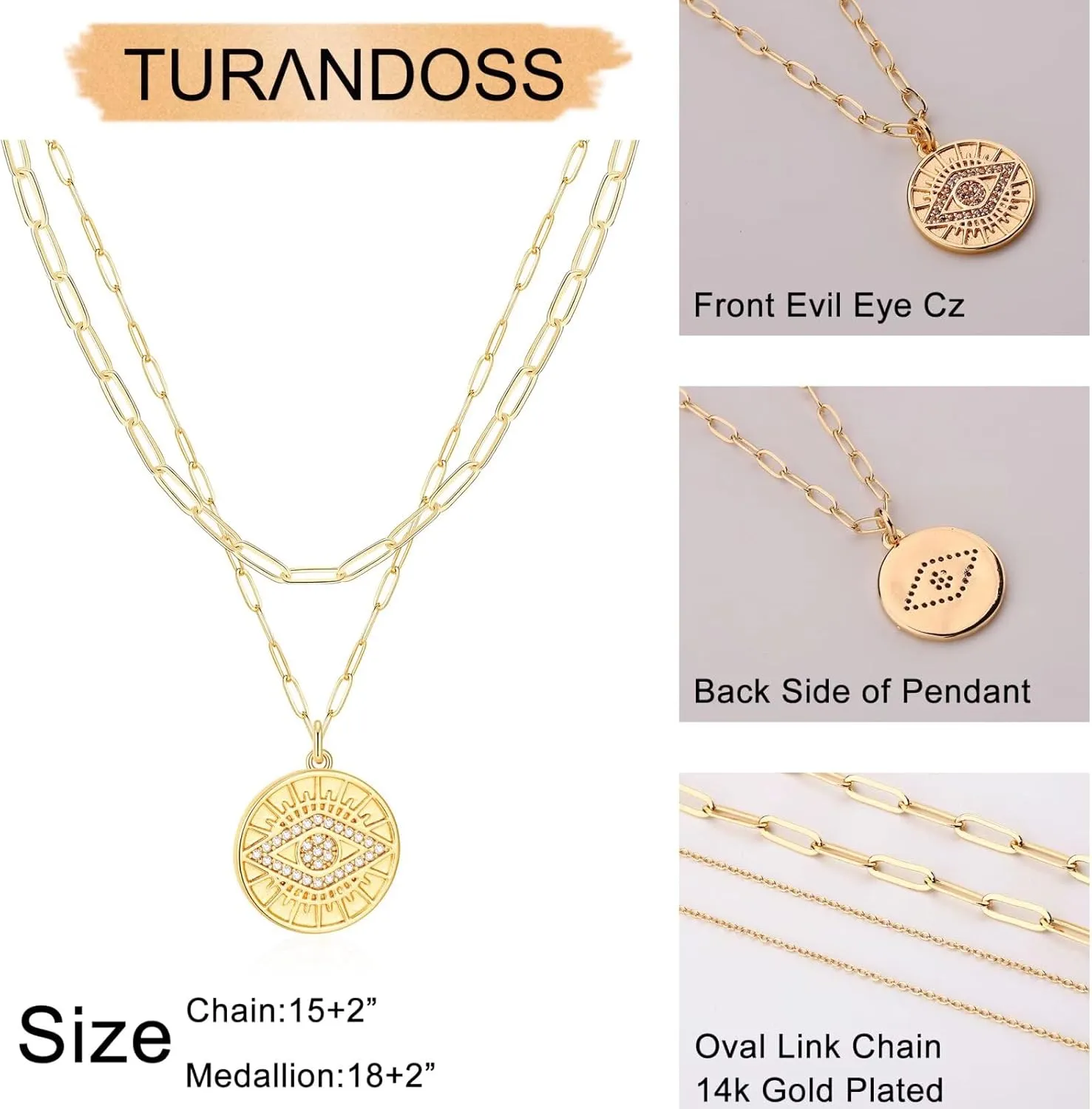 Turandoss Gold Necklaces for Women - 14K Gold Plated Lock Evil Eye Medallion Vintage Coin Necklace Bee Sun Moon Shell Gold Chain Necklace Layered Paperclip Chain Necklaces for Women Jewelry Gifts