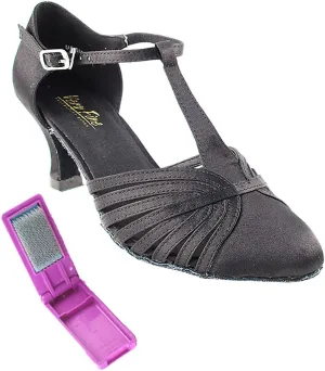 Very Fine Dance Shoes - Ladies Standard, Smooth, Waltz Ballroom Dance Shoes - 6829-2.5-inch Heel and Foldable Brush Bundle - Black Satin - 9