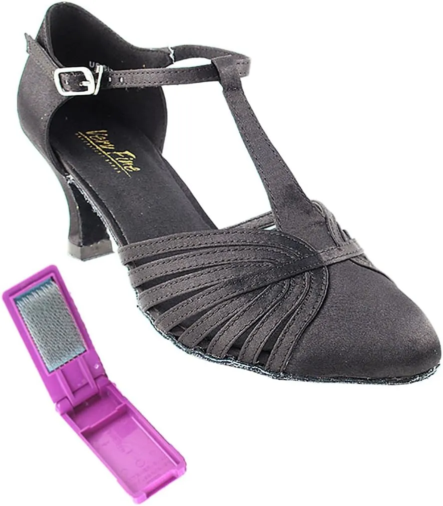 Very Fine Dance Shoes - Ladies Standard, Smooth, Waltz Ballroom Dance Shoes - 6829-2.5-inch Heel and Foldable Brush Bundle - Black Satin - 9