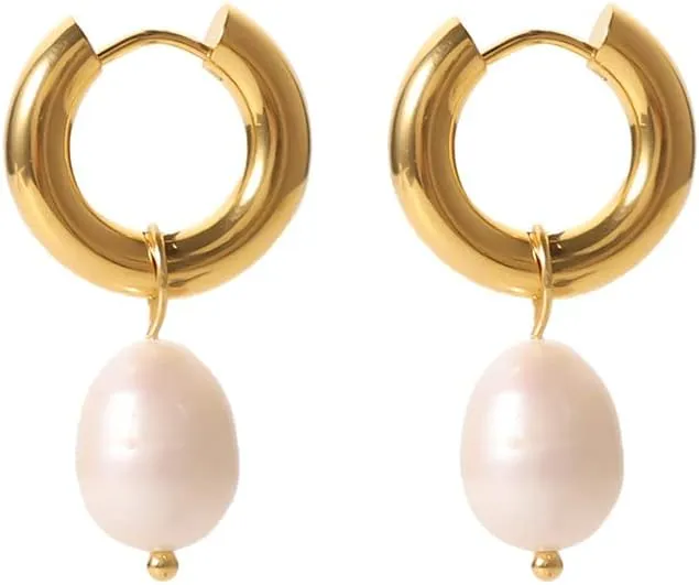 VIFE Stainless steel Freshwater Pearl Hoop Earrings for Women 18K Gold Plated Dangle Drop Earrings Bohemian Dainty Earrings