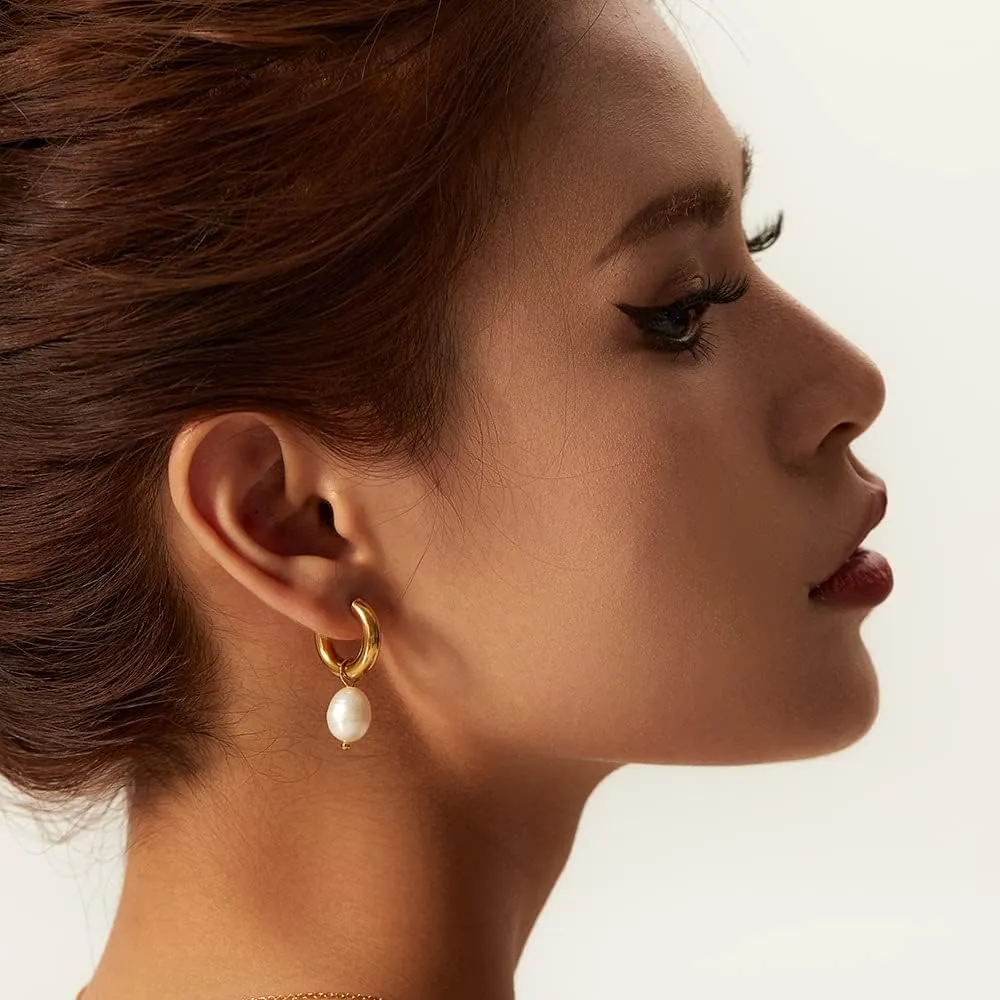 VIFE Stainless steel Freshwater Pearl Hoop Earrings for Women 18K Gold Plated Dangle Drop Earrings Bohemian Dainty Earrings