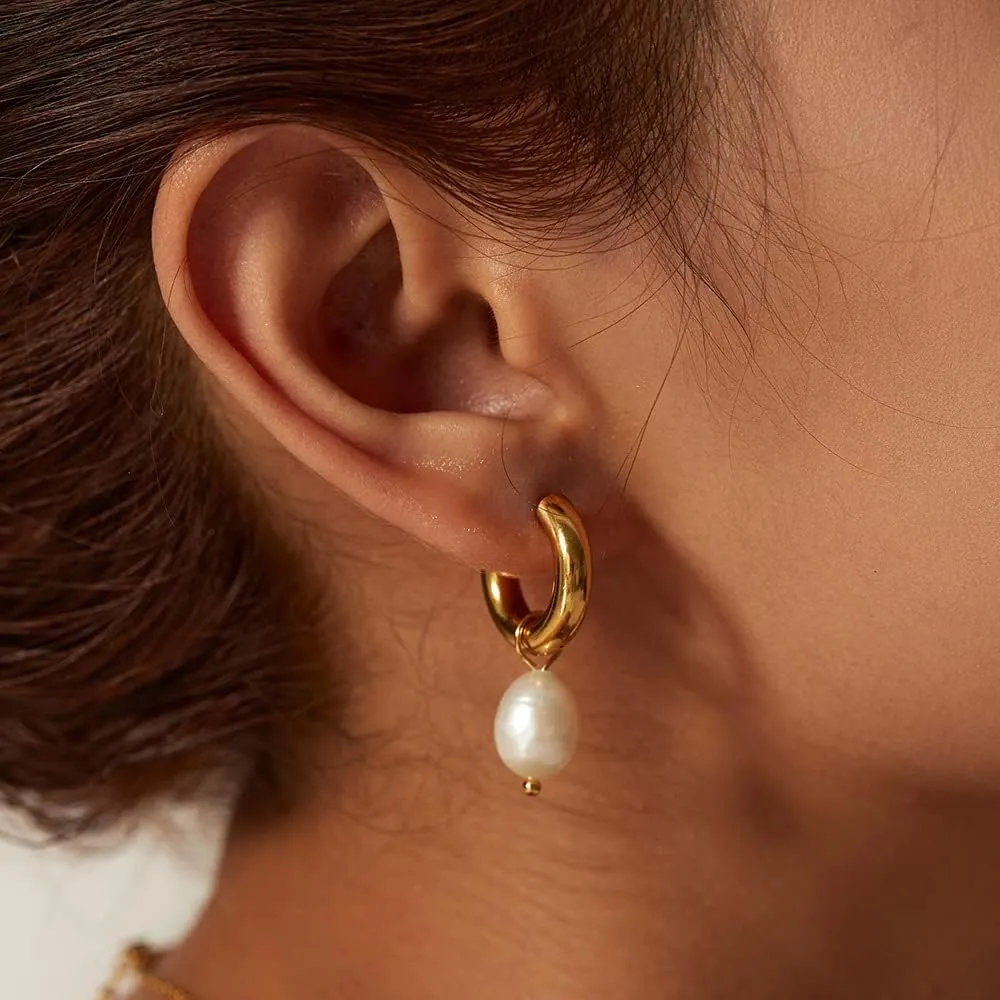 VIFE Stainless steel Freshwater Pearl Hoop Earrings for Women 18K Gold Plated Dangle Drop Earrings Bohemian Dainty Earrings