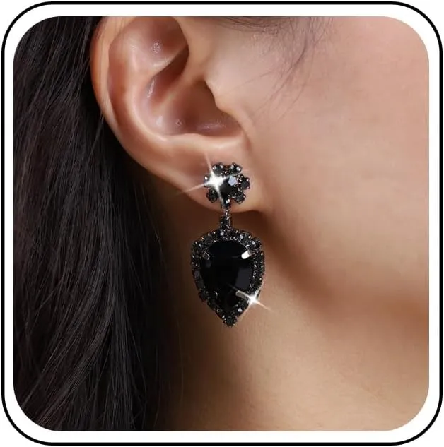 Vintage Black Teardrop Crystal Earrings Waterdrop Black CZ Drop Earrings Onyx Gemstone Stud Earrings Gothic Dangle Earrings Jewelry for Women and Girls Gifts