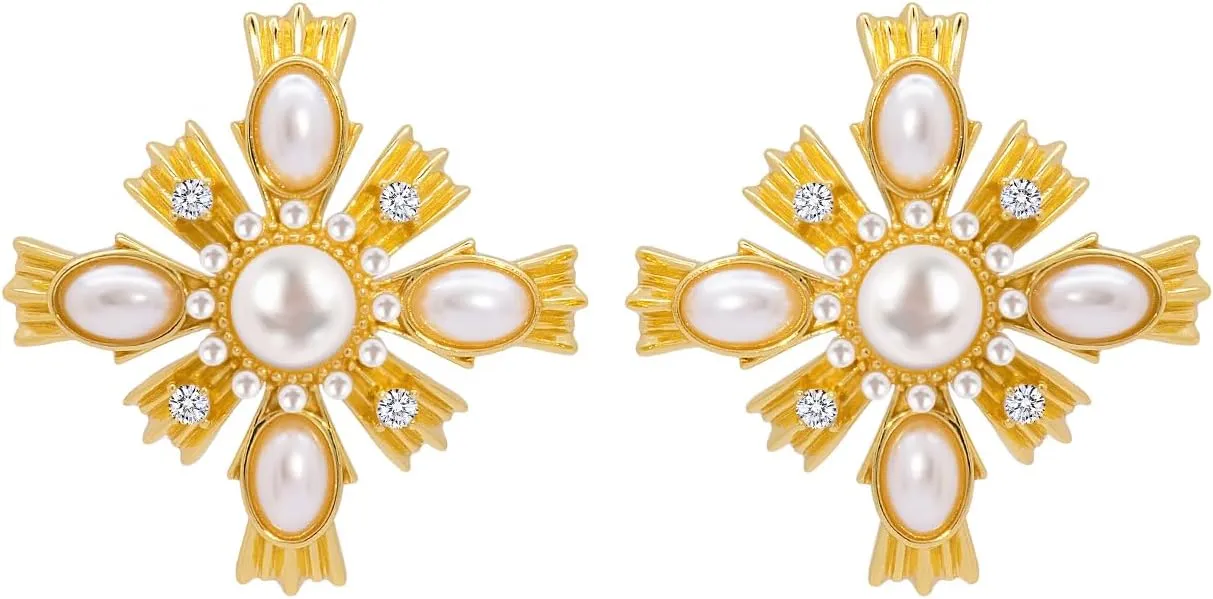 Vintage Pearl Cross Earrings for Women, 18K Gold Plated 925 Sterling Silver, Natural Pearl & Cubic Zirconia Statement Stud Earrings, Royal Baroque Jewelry Gifts