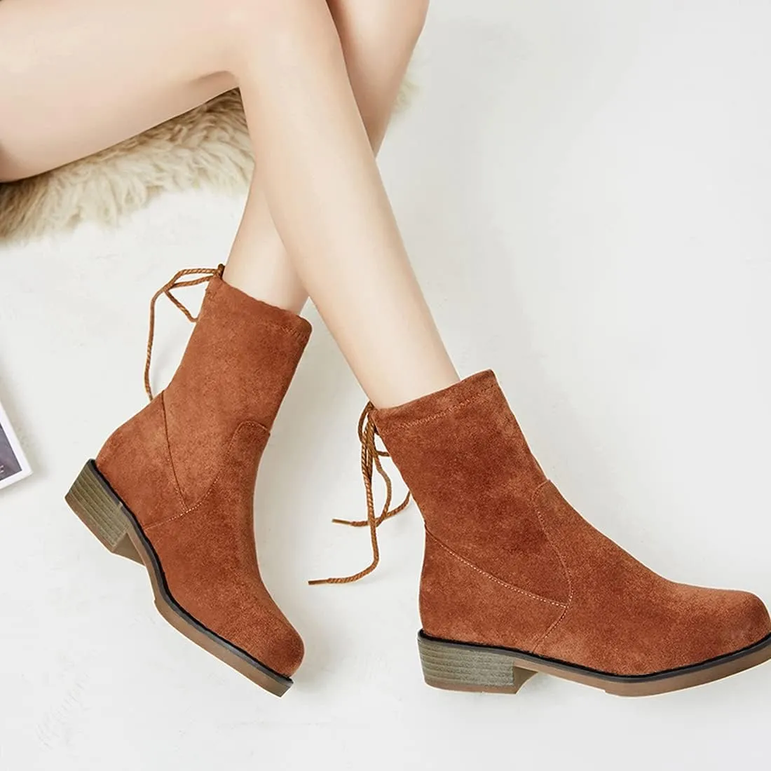VOKLIN Women's Casual Flat Low Heels Dress Ankle Booties Vegan Suede Round Toe Lace Up Dressy Short Boots