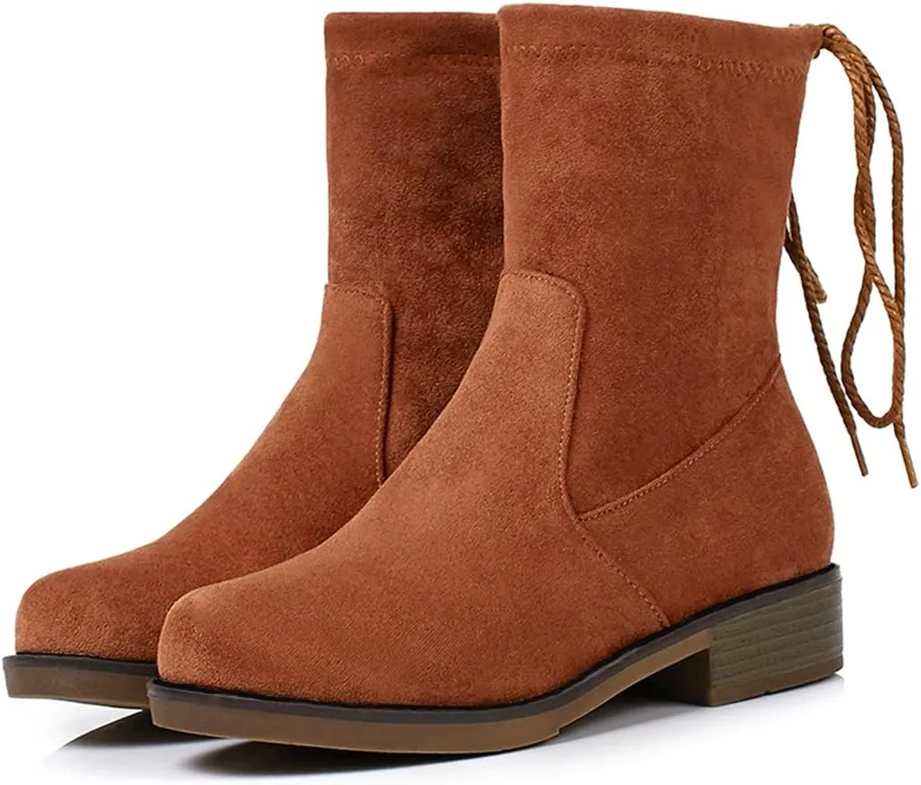 VOKLIN Women's Casual Flat Low Heels Dress Ankle Booties Vegan Suede Round Toe Lace Up Dressy Short Boots
