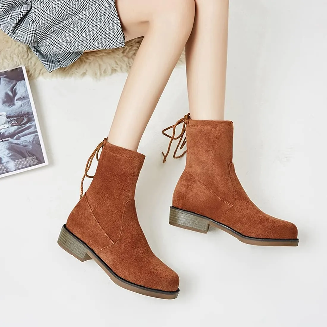 VOKLIN Women's Casual Flat Low Heels Dress Ankle Booties Vegan Suede Round Toe Lace Up Dressy Short Boots