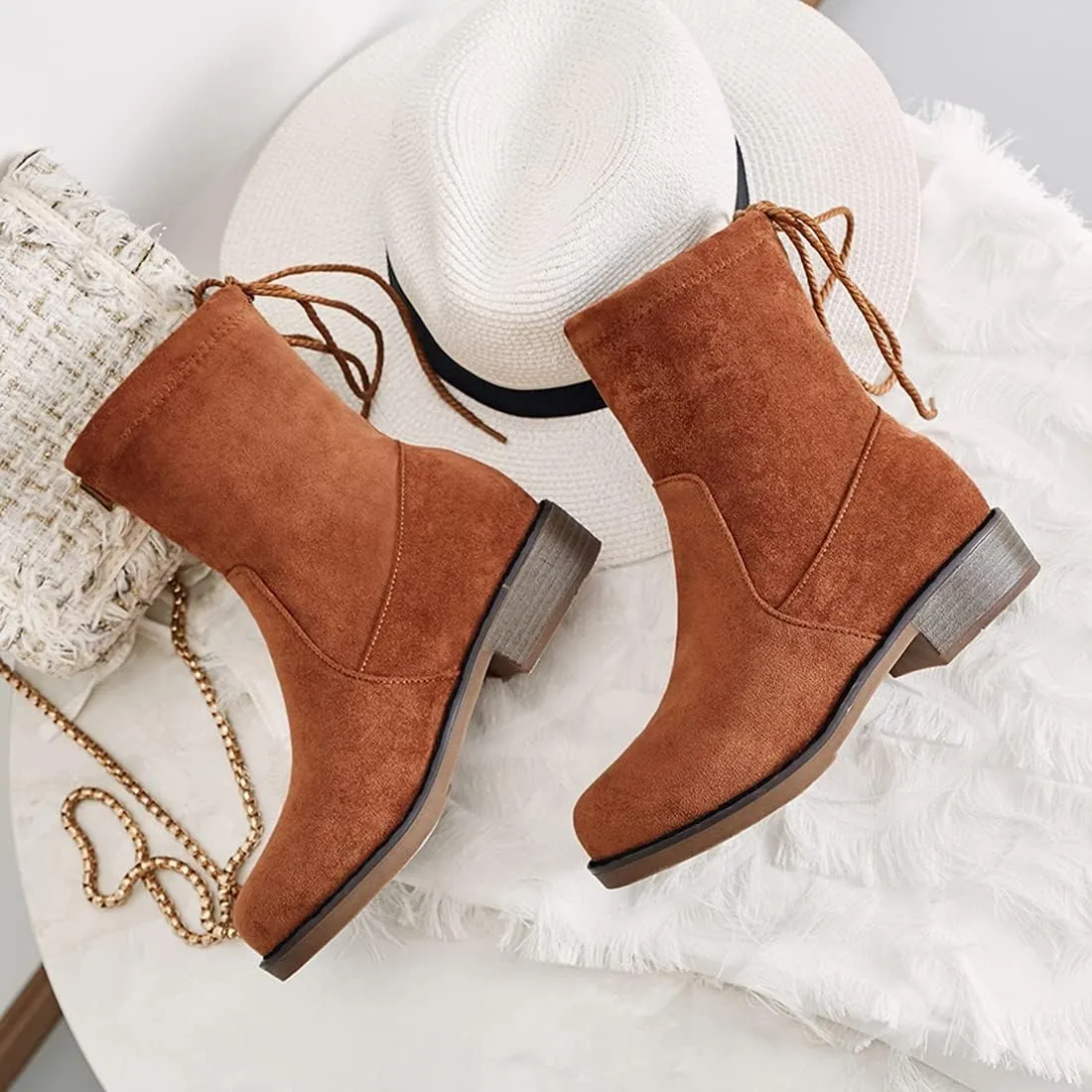 VOKLIN Women's Casual Flat Low Heels Dress Ankle Booties Vegan Suede Round Toe Lace Up Dressy Short Boots