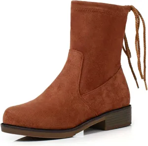 VOKLIN Women's Casual Flat Low Heels Dress Ankle Booties Vegan Suede Round Toe Lace Up Dressy Short Boots