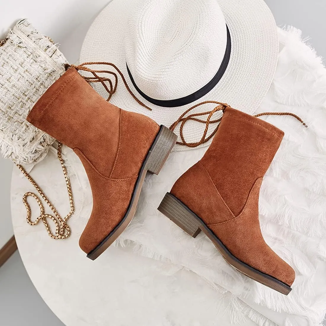 VOKLIN Women's Casual Flat Low Heels Dress Ankle Booties Vegan Suede Round Toe Lace Up Dressy Short Boots