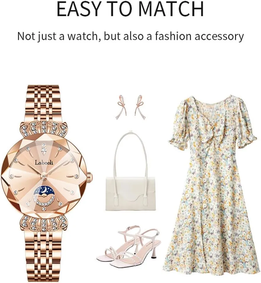 Watches for Women Rose Gold Stainless Ladies Female Fashion Luxury Diamond Dress Business Waterproof Quartz Girls Wife Gifts Crystal Blue Wrist Watch