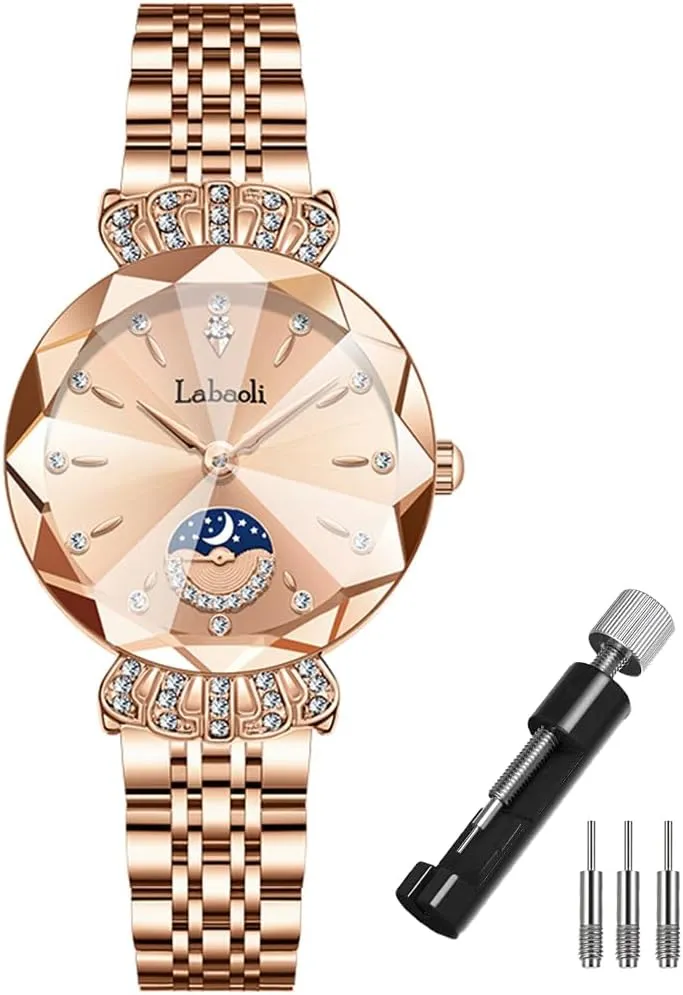 Watches for Women Rose Gold Stainless Ladies Female Fashion Luxury Diamond Dress Business Waterproof Quartz Girls Wife Gifts Crystal Blue Wrist Watch