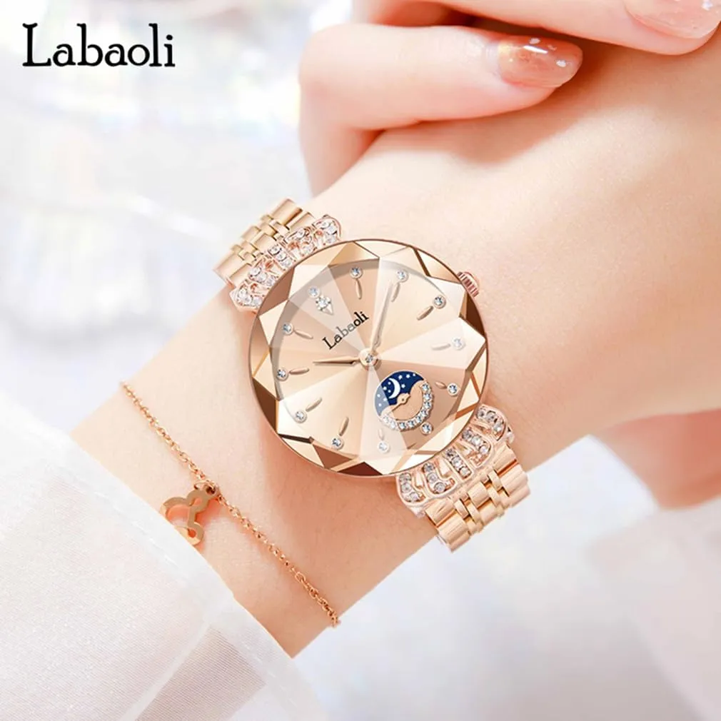 Watches for Women Rose Gold Stainless Ladies Female Fashion Luxury Diamond Dress Business Waterproof Quartz Girls Wife Gifts Crystal Blue Wrist Watch