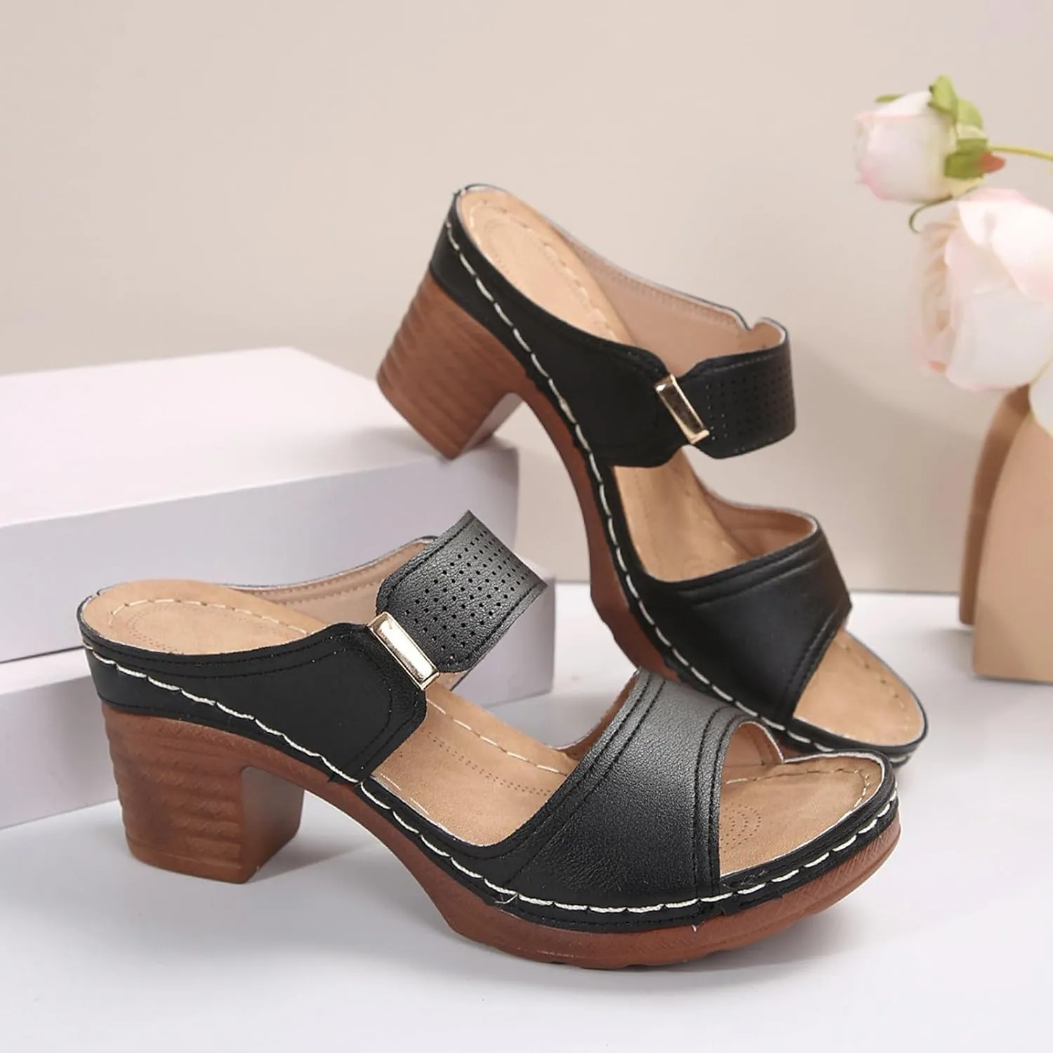Wedge Sandals for Women Open Toe Low Block Chunky Heeled Sandal Casual Summer Fashion Wedding Party Mules Comfortable Slip On Shoes
