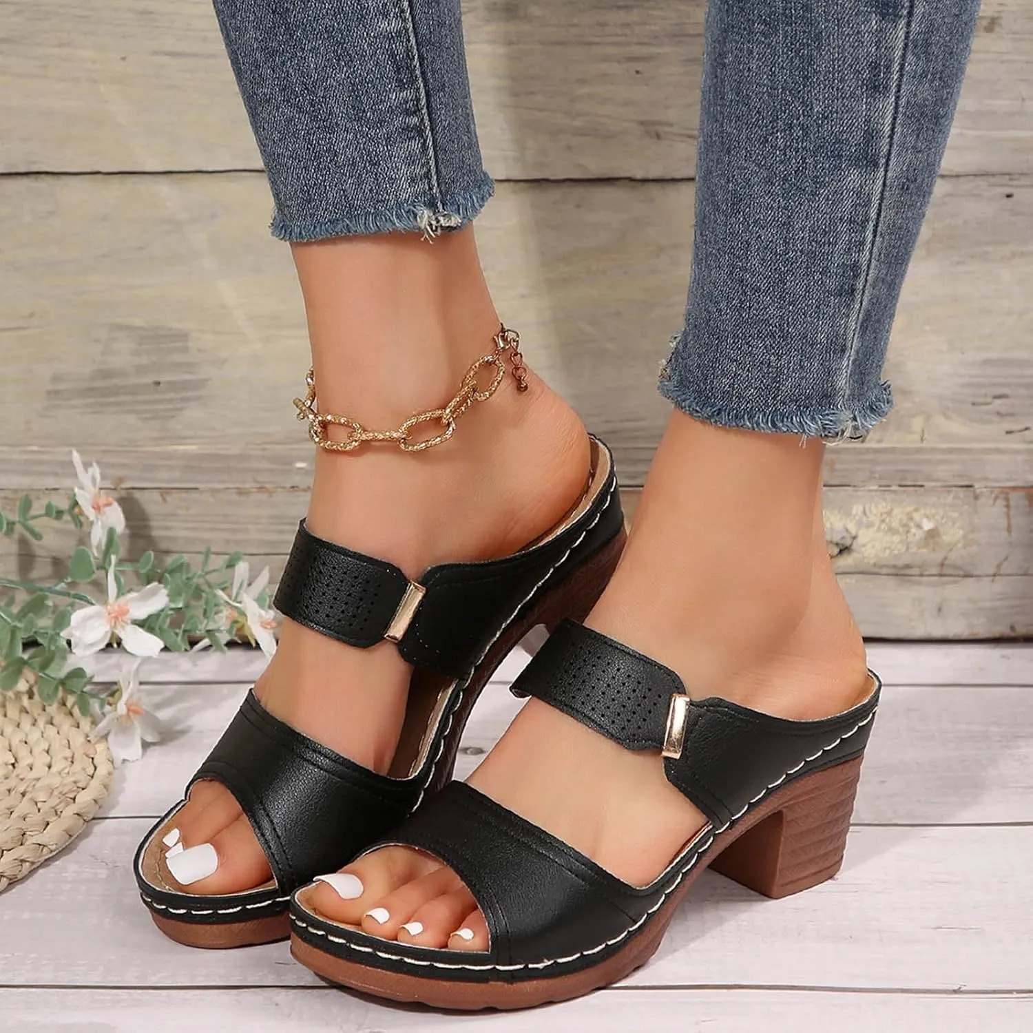 Wedge Sandals for Women Open Toe Low Block Chunky Heeled Sandal Casual Summer Fashion Wedding Party Mules Comfortable Slip On Shoes