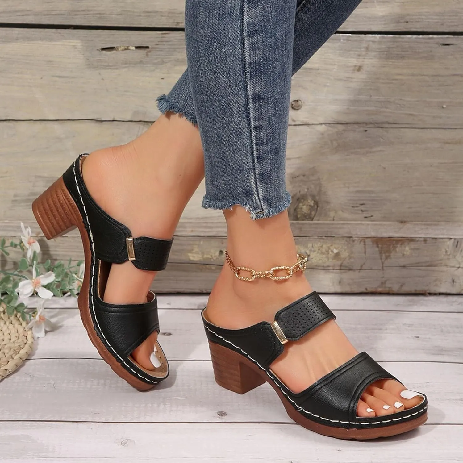 Wedge Sandals for Women Open Toe Low Block Chunky Heeled Sandal Casual Summer Fashion Wedding Party Mules Comfortable Slip On Shoes