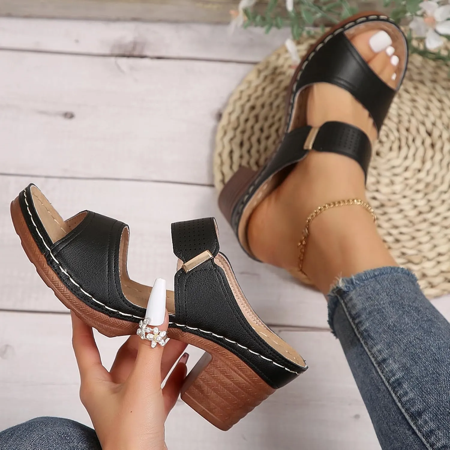 Wedge Sandals for Women Open Toe Low Block Chunky Heeled Sandal Casual Summer Fashion Wedding Party Mules Comfortable Slip On Shoes