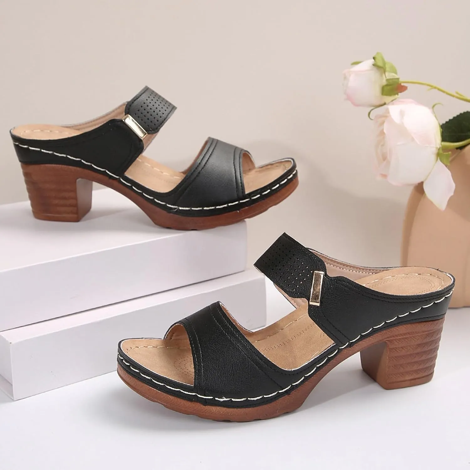 Wedge Sandals for Women Open Toe Low Block Chunky Heeled Sandal Casual Summer Fashion Wedding Party Mules Comfortable Slip On Shoes