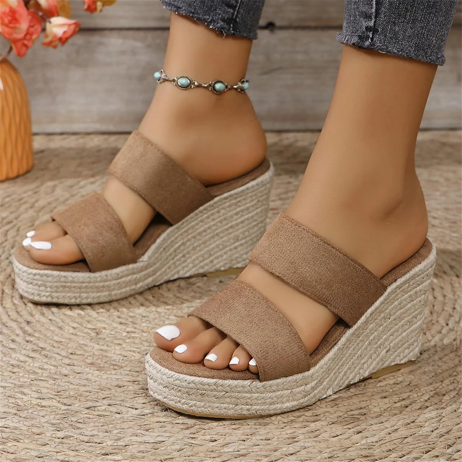 Wedge Sandals Wide Width Platform Espadrille Heels Open Toe Strappy Slip On Casual Summer Slide Shoes Outdoor Beach Espadrilles Slides Dressy High Heel Sandal Comfortable Wedges Shoe Mules
