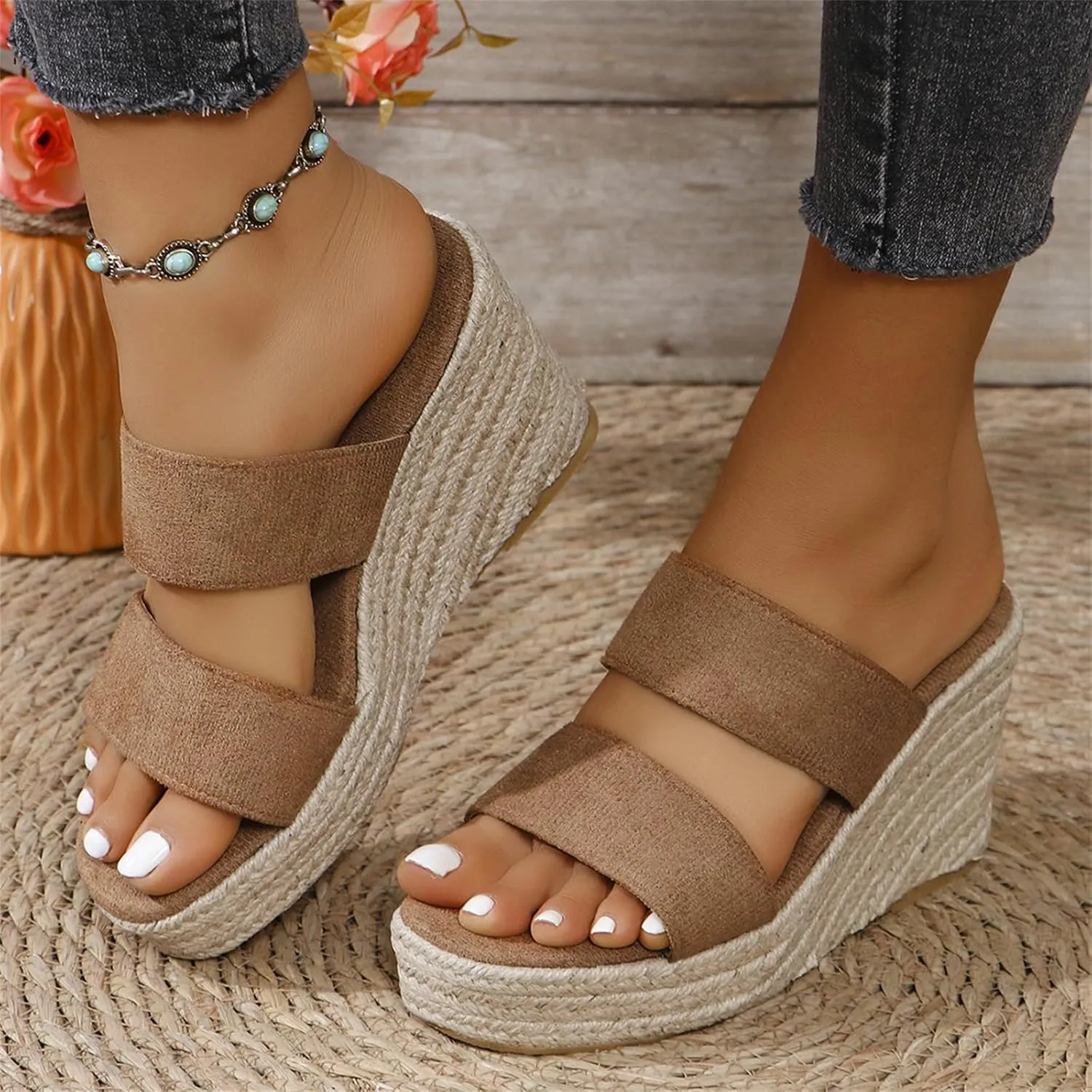 Wedge Sandals Wide Width Platform Espadrille Heels Open Toe Strappy Slip On Casual Summer Slide Shoes Outdoor Beach Espadrilles Slides Dressy High Heel Sandal Comfortable Wedges Shoe Mules