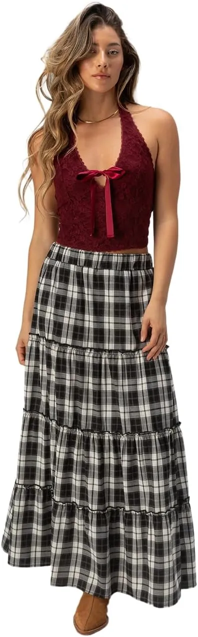 WEST OF MELROSE Plaid Womens Tiered Maxi Skirt
