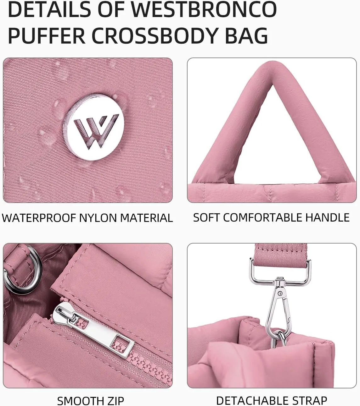 WESTBRONCO Puffer Crossbody Bags for Women Quilted Tote Bag Puffy Weekender Overnight Bag Nylon Shoulder Handbag