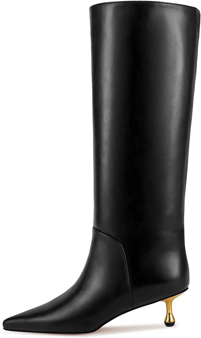 wetkiss Knee High Boots for Women Low Stiletto Drop Heel Boots Pointed Toe Long Boots Fashion Dress Tall Boots Party Date Festival