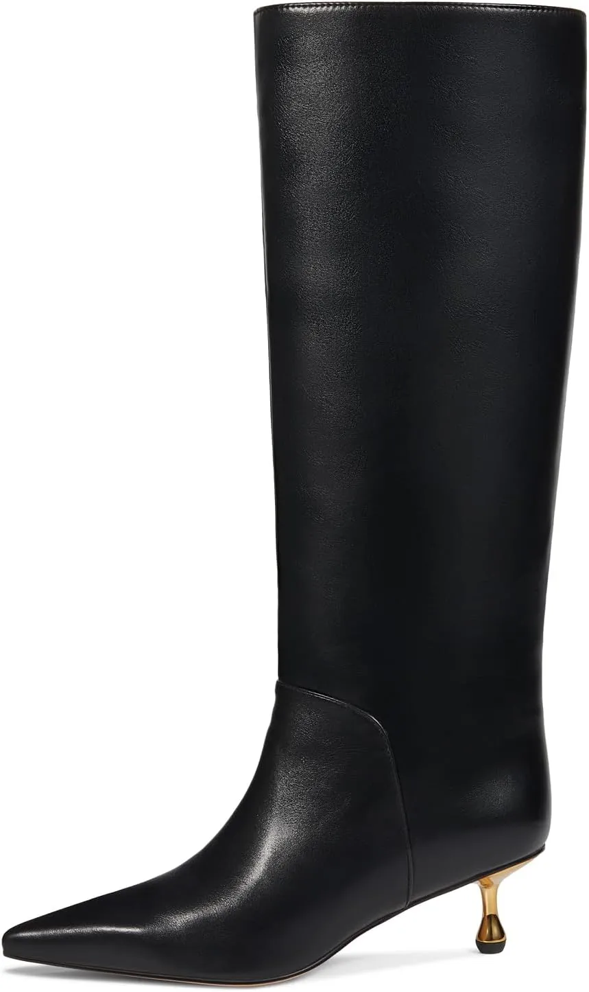 wetkiss Knee High Boots for Women Low Stiletto Drop Heel Boots Pointed Toe Long Boots Fashion Dress Tall Boots Party Date Festival