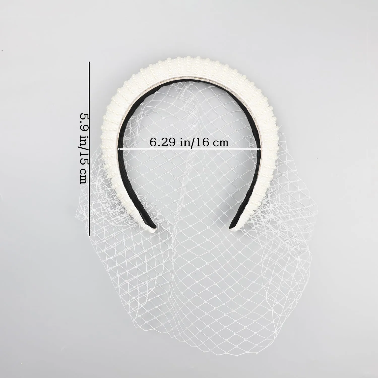 White Baroque Padded Headband with Veil, Wedding Photography Bridal Crystal Beaded Hairband for Women Girls (whitebeaded)