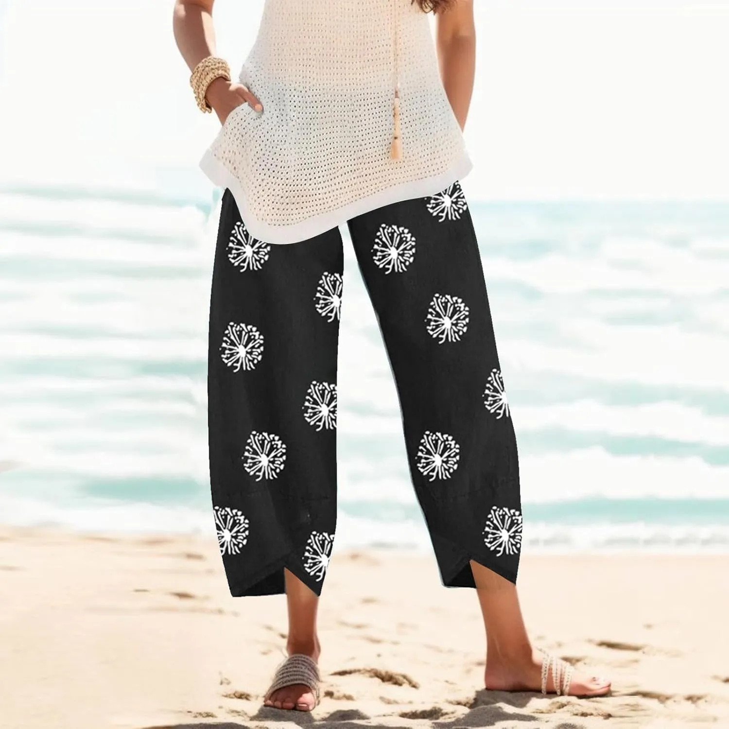 Wide Leg Linen Pants for Women Cotton Casual Summer Cropped Comfy Baggy Pants Straight Leg Breathable Loose Fit Trousers