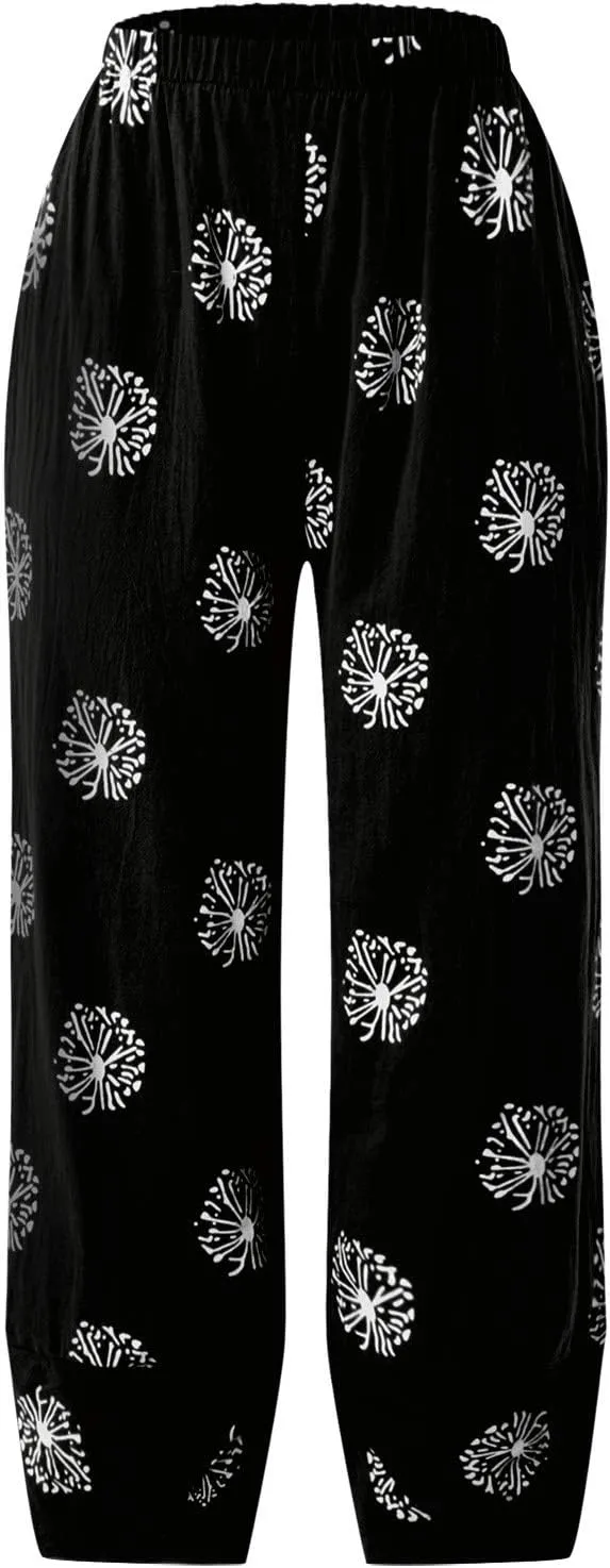 Wide Leg Linen Pants for Women Cotton Casual Summer Cropped Comfy Baggy Pants Straight Leg Breathable Loose Fit Trousers