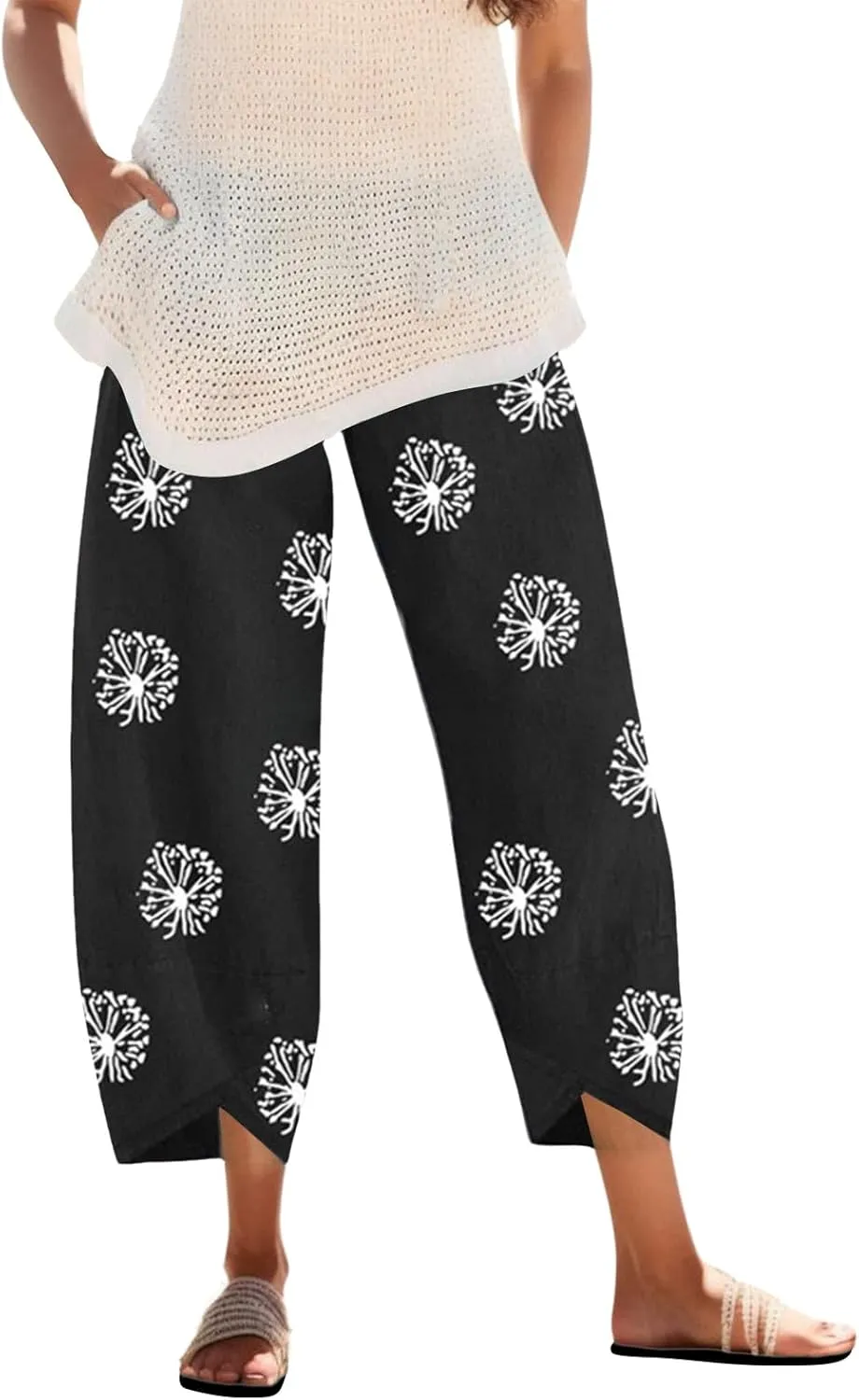 Wide Leg Linen Pants for Women Cotton Casual Summer Cropped Comfy Baggy Pants Straight Leg Breathable Loose Fit Trousers