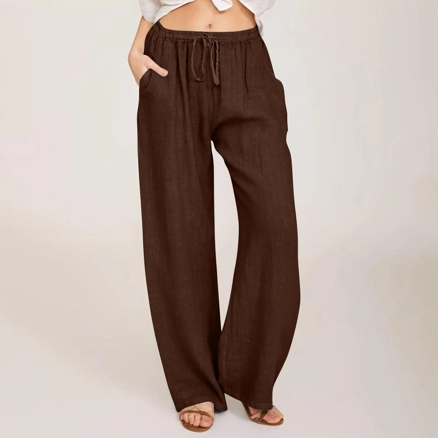 Wide Leg Linen Pants for Women Summer Boho High Waisted Palazzo Pants Lightweight Baggy Comfy Beach Pants with Pocket