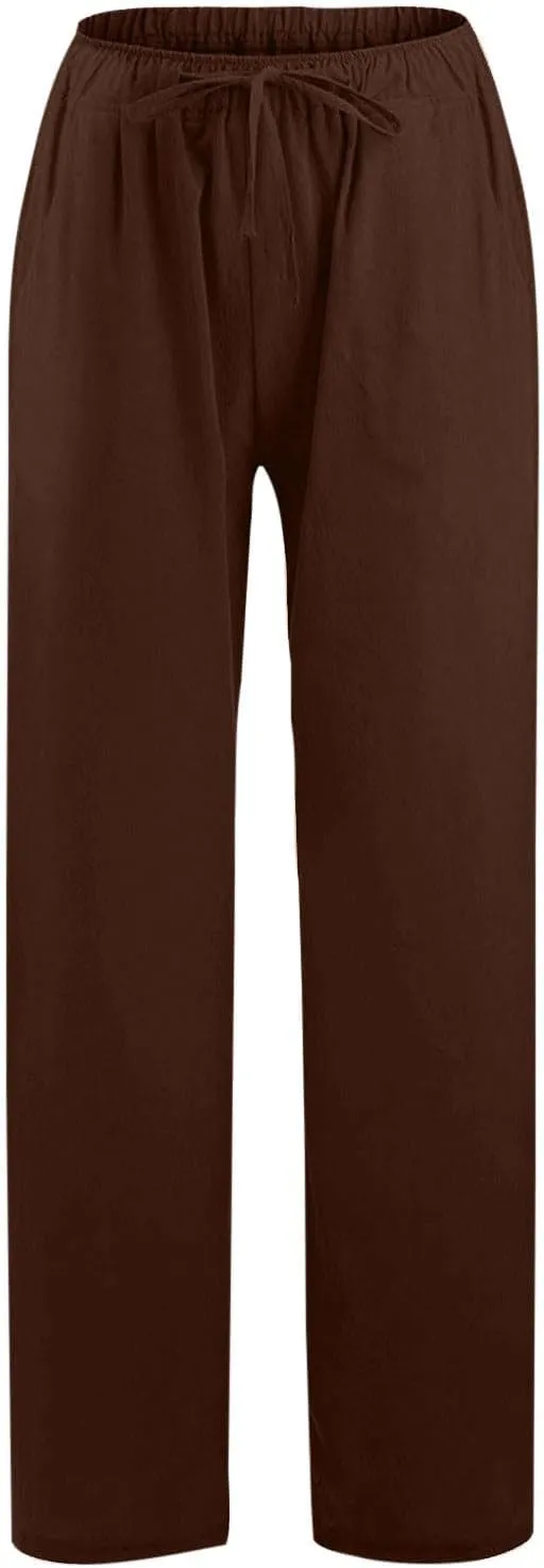 Wide Leg Linen Pants for Women Summer Boho High Waisted Palazzo Pants Lightweight Baggy Comfy Beach Pants with Pocket