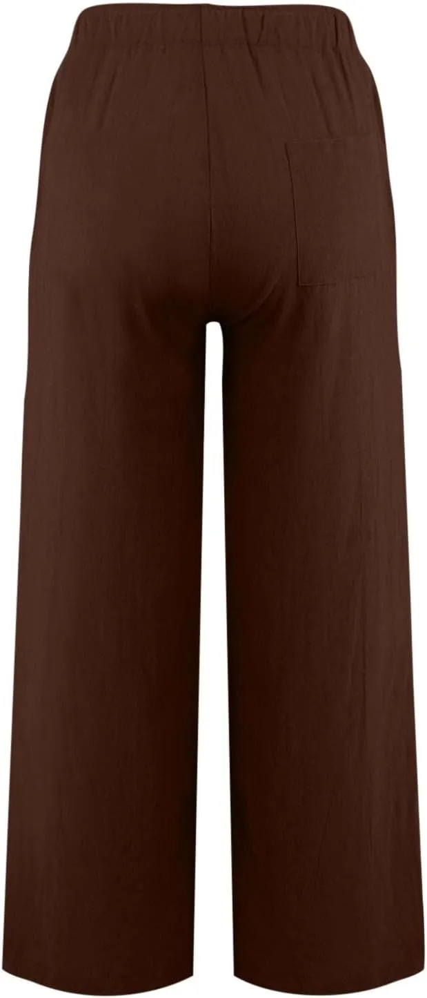 Wide Leg Linen Pants for Women Summer Boho High Waisted Palazzo Pants Lightweight Baggy Comfy Beach Pants with Pocket