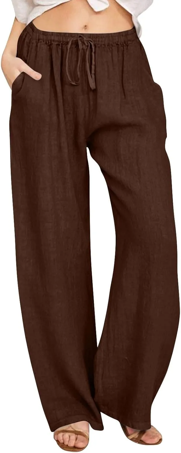 Wide Leg Linen Pants for Women Summer Boho High Waisted Palazzo Pants Lightweight Baggy Comfy Beach Pants with Pocket