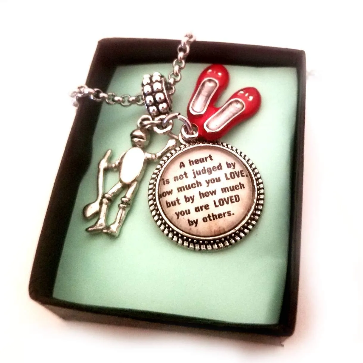 Wizard of Oz Tinman Quote Inspired Gift, Charm with Bracelet Necklace Keychain, Dorothy Ruby Red Slippers Jewelry for Girls Women