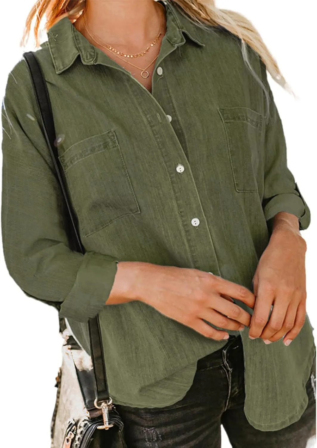 Women Denim Shirt Collared Jean Shirts Long Sleeve Button Down Blouses with Pockets Classic Basic Solid Blouse Jacket