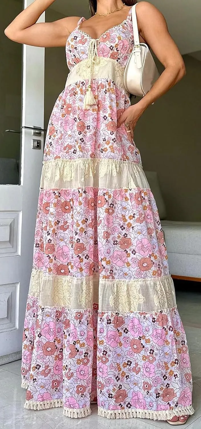 Women Floral Spaghetti Strap Maxi Dress Sleeveless Tiered Ruffle Long Flowy Dresses Backless Holiday Beach Sundress
