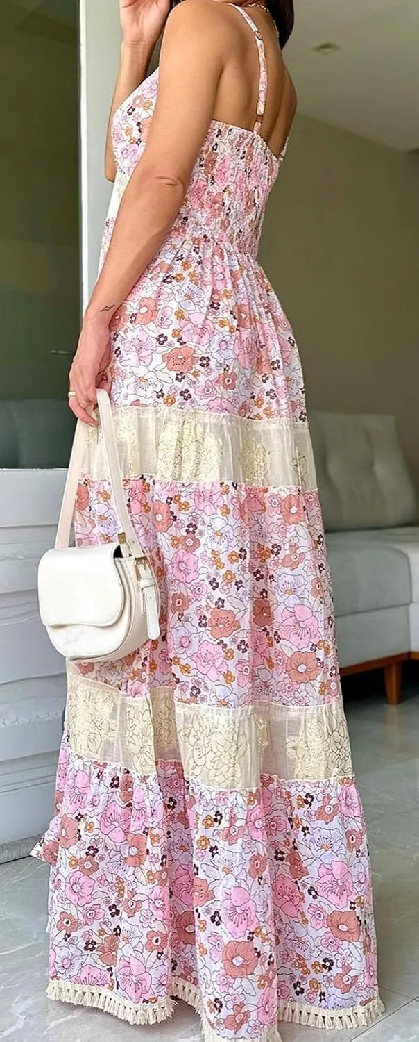 Women Floral Spaghetti Strap Maxi Dress Sleeveless Tiered Ruffle Long Flowy Dresses Backless Holiday Beach Sundress