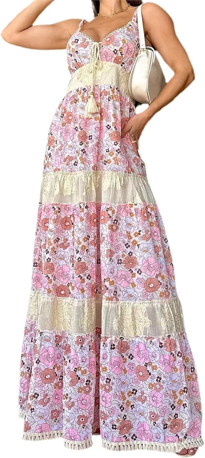 Women Floral Spaghetti Strap Maxi Dress Sleeveless Tiered Ruffle Long Flowy Dresses Backless Holiday Beach Sundress